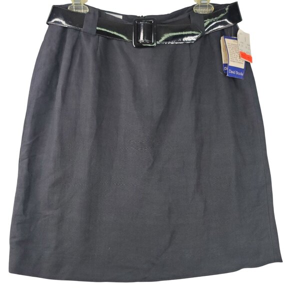David Brooks Vintage Black Knee Length Linen Skirt Size 12 Patent Belt USA New - Picture 1 of 9